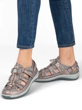 ORTHO FEET VERONA SANDALS PEWTER MICROFIBER CUTOUT HOOK LOOP HEEL STRAP SZ 11